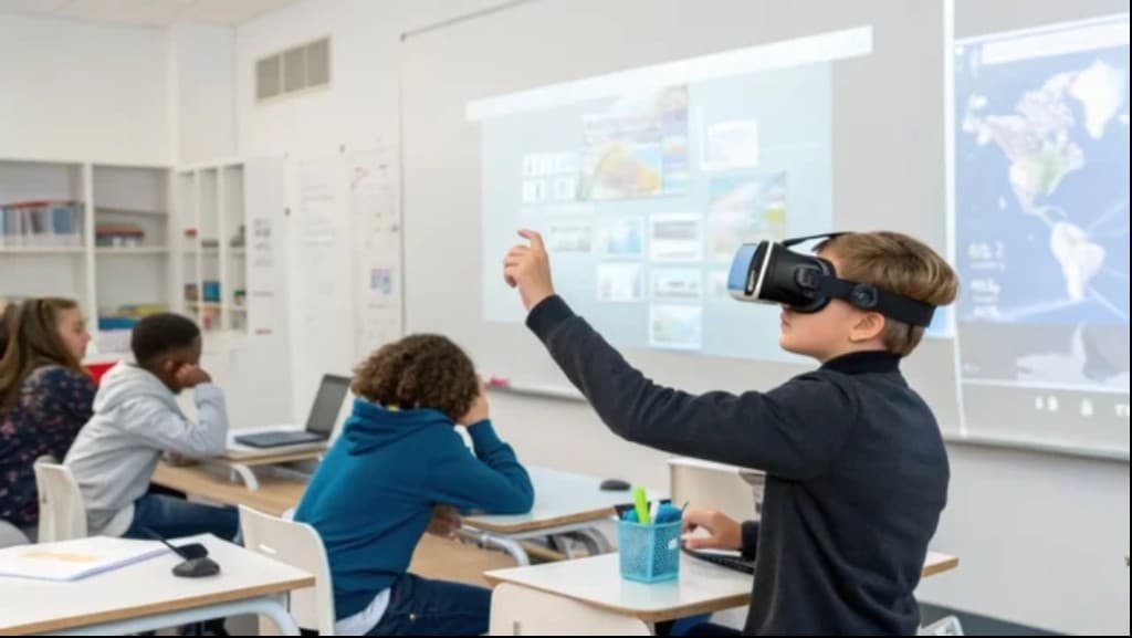 Student using VR for interactive learning in a classroom