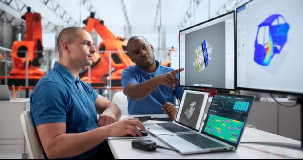 Technicians reviewing 3D simulation and CAD training at industrial workstations